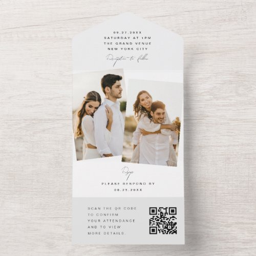 White Modern Minimalist Wedding Photo QR Code RSVP All In One Invitation