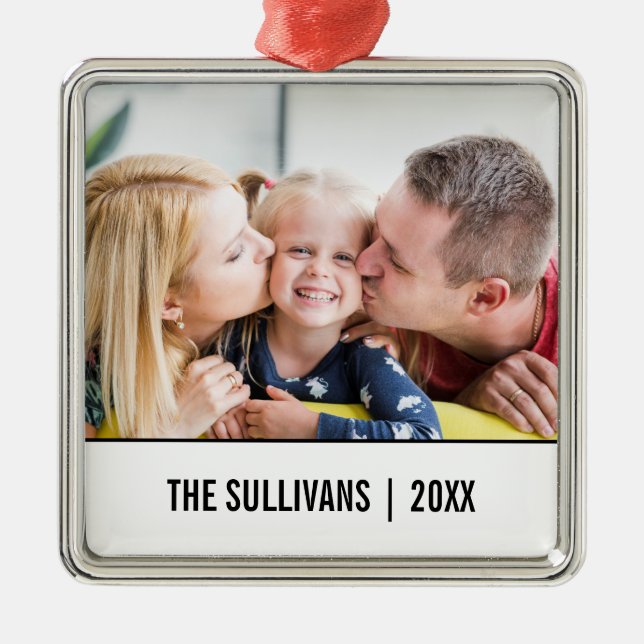 White | Modern Personalized Photo and custom text Metal Ornament (Front)