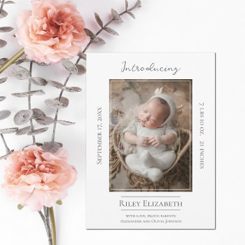 White Modern Photo Birth Announcement by trendythings at Zazzle