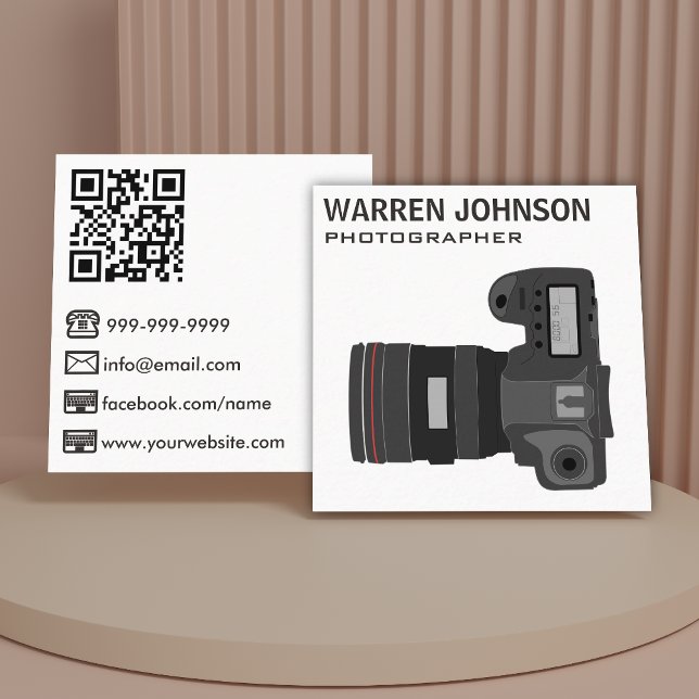 White Modern Photographer QR Code Square Business Card (Creator Uploaded)