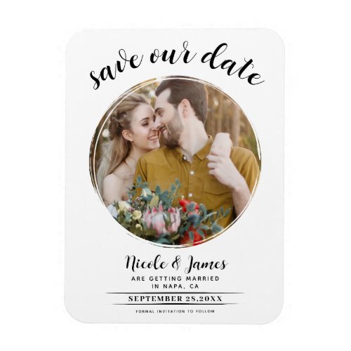 White Modern Round Photo Save the Date Magnet