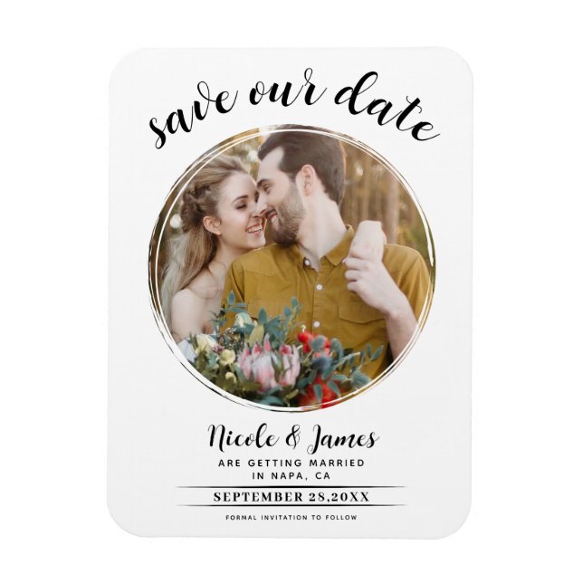 White Modern Round Photo Save the Date Magnet (Vertical)