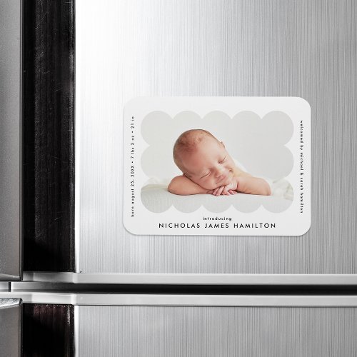 White Modern Scalloped Frame Birth Announcement Magnet