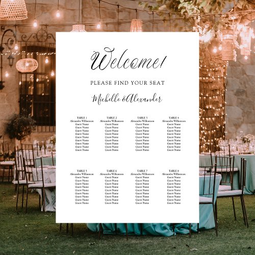 White modern script 8 tables wedding seating chart