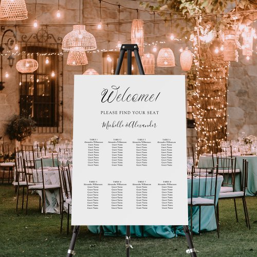 White modern script 8 tables wedding seating chart foam board