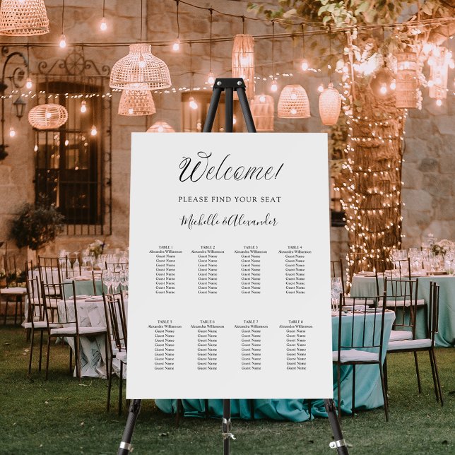 White modern script 8 tables wedding seating chart foam board (Creator Uploaded)