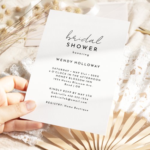 White Modern Script Bridal Shower Invitation