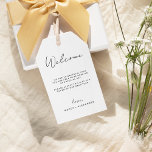 White Modern Script Destination Wedding Welcome Gift Tags<br><div class="desc">Introducing our White Modern Script Destination Wedding Welcome Gift Tags design, where modern minimalism meets the artistry of calligraphy. This curated aesthetic brings an air of sophistication to your special day- with a twist of boho, casual charm. The combination of simple typography with a stylish script font adds a unique...</div>