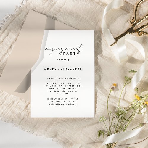White Modern Script Engagement Party Invitation