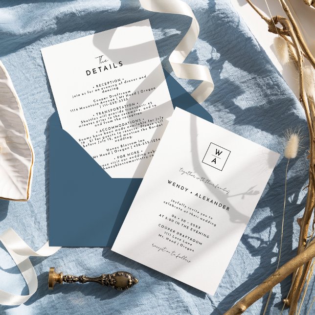 White Modern Script Monogram Crest Wedding Details Invitation (Creator Uploaded)