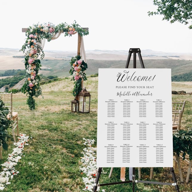 White modern script simple wedding seating chart foam board (Creator Uploaded)