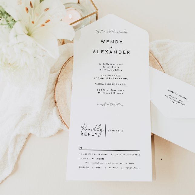 White Modern Script Wedding All In One Invitation (Creator Uploaded)