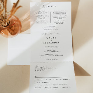 White Modern Script Wedding All in One Tri-Fold Invitation