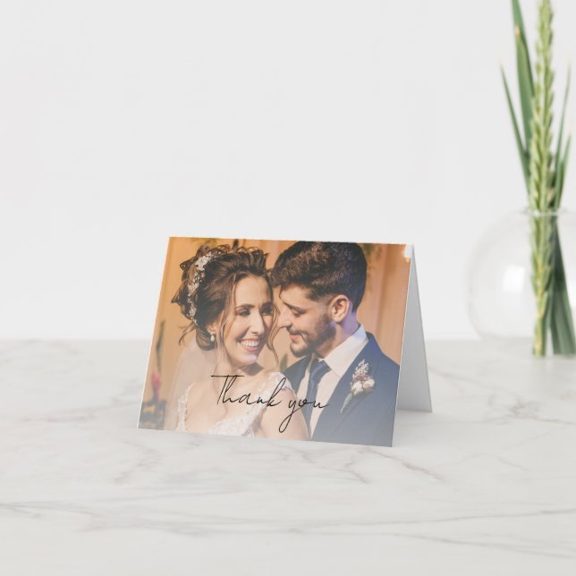 White Modern Script Wedding Photo Folded Letterpress Thank You Card (Front)