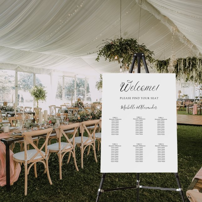 White modern script wedding seating chart foam board (Creator Uploaded)