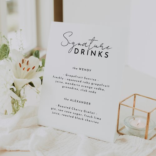 White Modern Script Wedding Signature Drinks Pedestal Sign