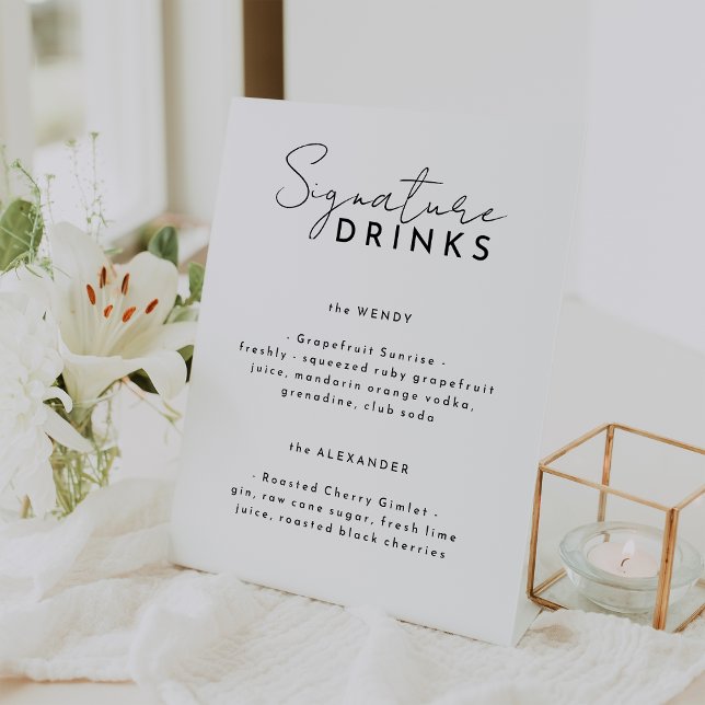 White Modern Script Wedding Signature Drinks Pedestal Sign (Creator Uploaded)