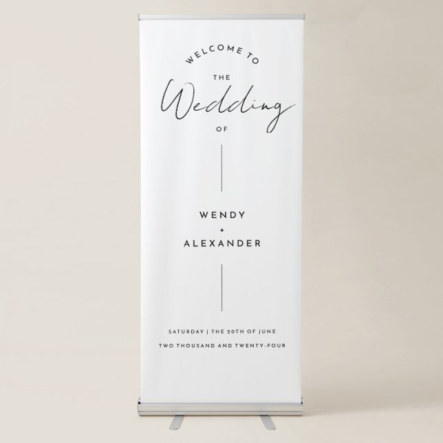 White Modern Script Wedding Welcome Retractable Banner (Front)