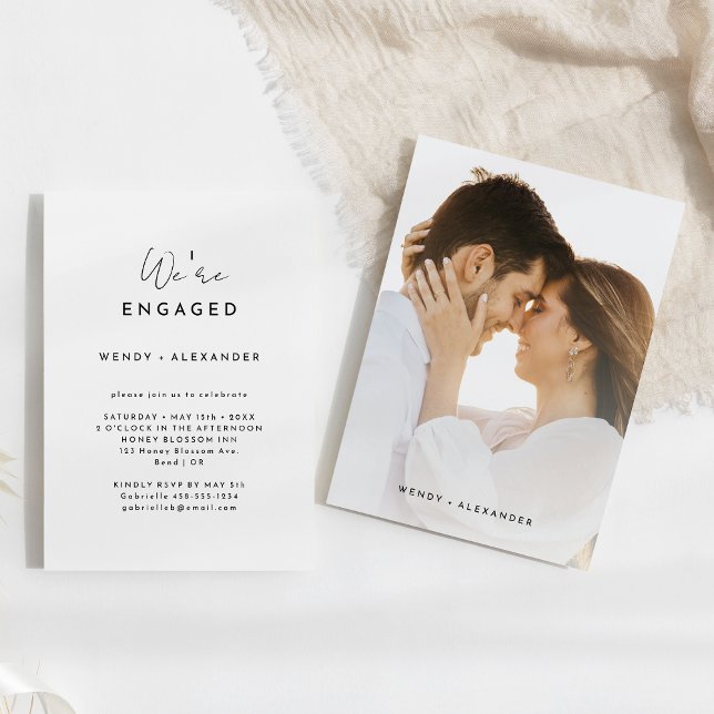White Modern Script We're Engaged Photo Engagement Invitation (Creator Uploaded)
