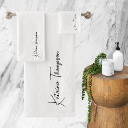 White Modern Signature Script Monogram  Bath Towel Set