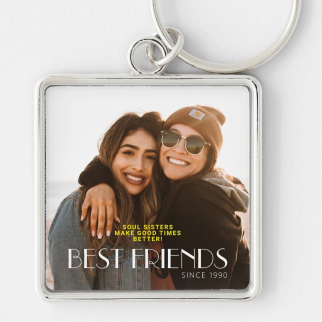 White Modern Typography Bestfriends Photo Keychain (Front)
