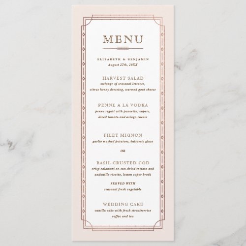 White Modern Vintage Blush Pink Rose Gold Foil Menu