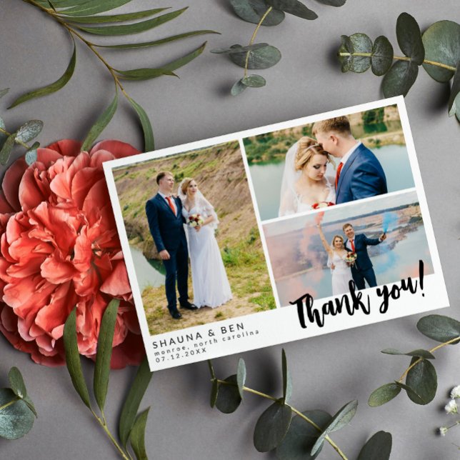 White Modern Wedding 3 Photo Collage Thank You Card (Creator Uploaded)