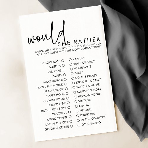 White Modern Would She Rather Bridal Shower Game