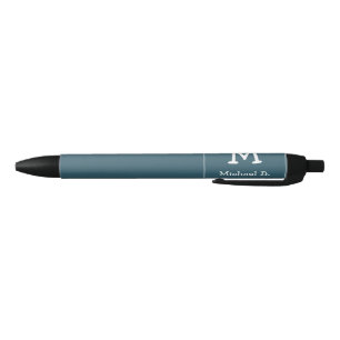 White Monogram and Name on Blue Rounded Square Pen
