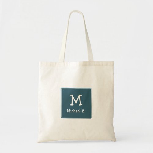 White Monogram and Name on Blue Rounded Square Tote Bag