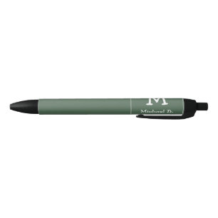 White Monogram and Name on Green Rounded Square Pen