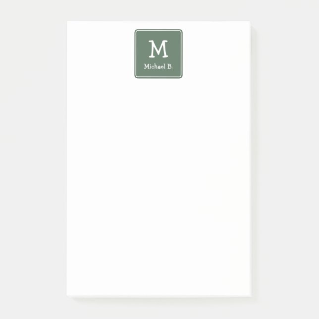 White Monogram and Name on Green Rounded Square Post-it Notes (Front)