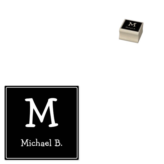 White Monogram and Name on Green Rounded Square Rubber Stamp (Stamped)