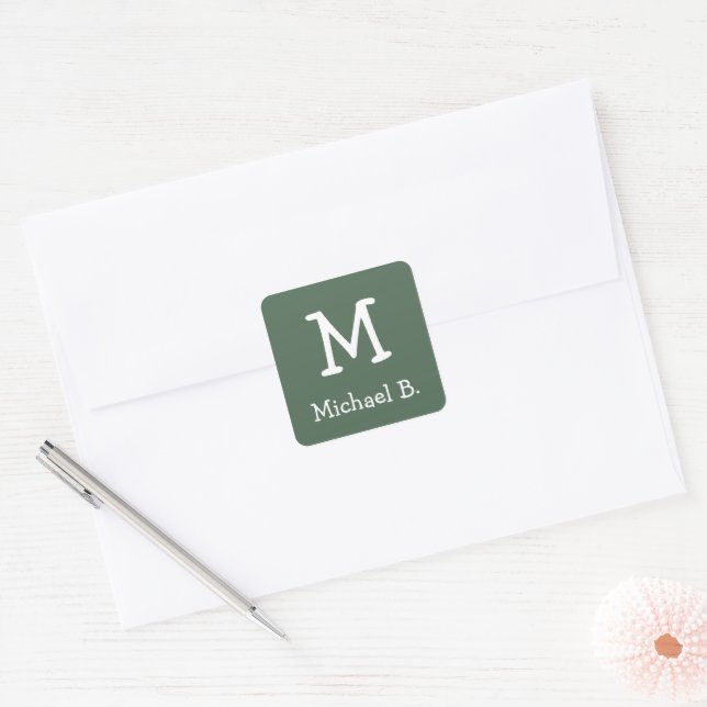 White Monogram and Name on Green Rounded Square Square Sticker (Envelope)