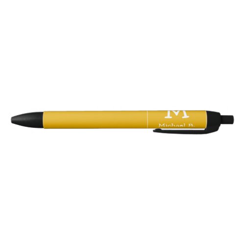 White Monogram and Name on Honey Mustard Yellow  Black Ink Pen