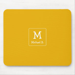 White Monogram and Name on Honey Mustard Yellow Mouse Pad