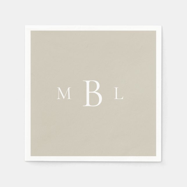  White Monogram Beige Wedding Cocktail Napkins (Front)