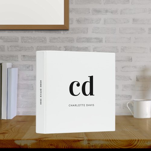 White monogram black modern office school 3 ring binder