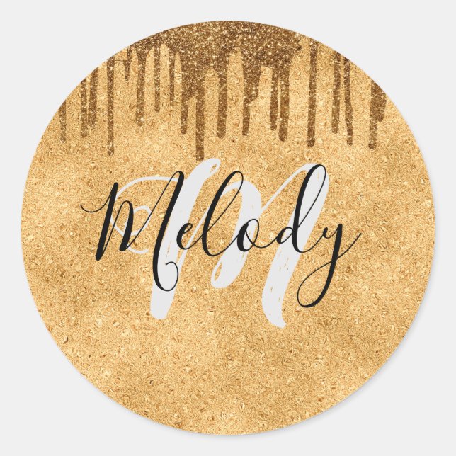 White monogram black script on dripping gold   cla classic round sticker (Front)