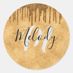 White monogram black script on dripping gold cla classic round sticker