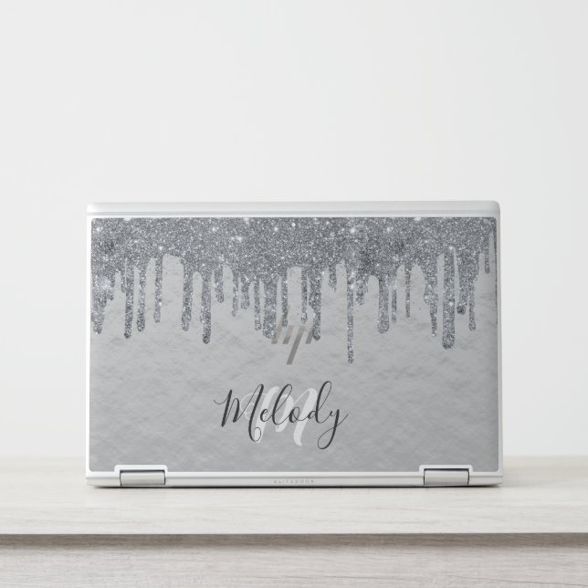 White monogram black script on dripping silver HP  Laptop Skin (Front)