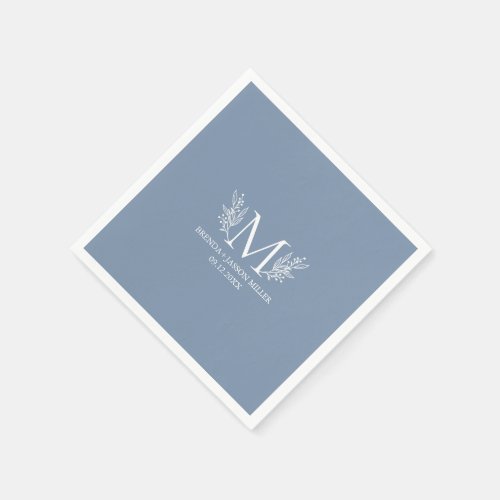 White monogram botanical flower on blue_gray napkins