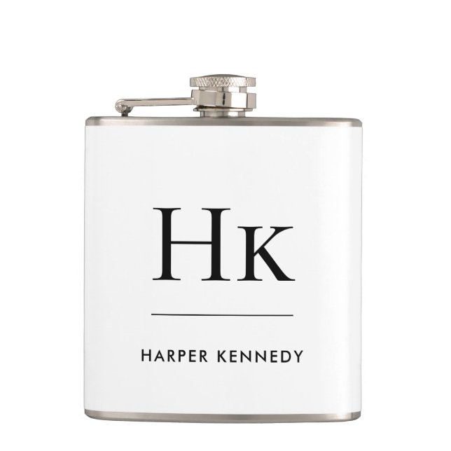 White Monogram Elegant Personalized Name  Flask (Front)