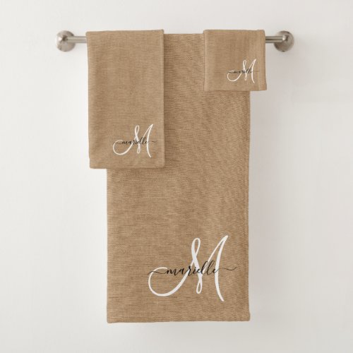 White Monogram Faux Linen Caramel Bath Towel