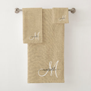 White Monogram Faux Linen Straw Caramel Bath Towel Set