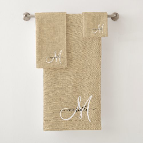 White Monogram Faux Linen Straw Caramel Bath Towel Set