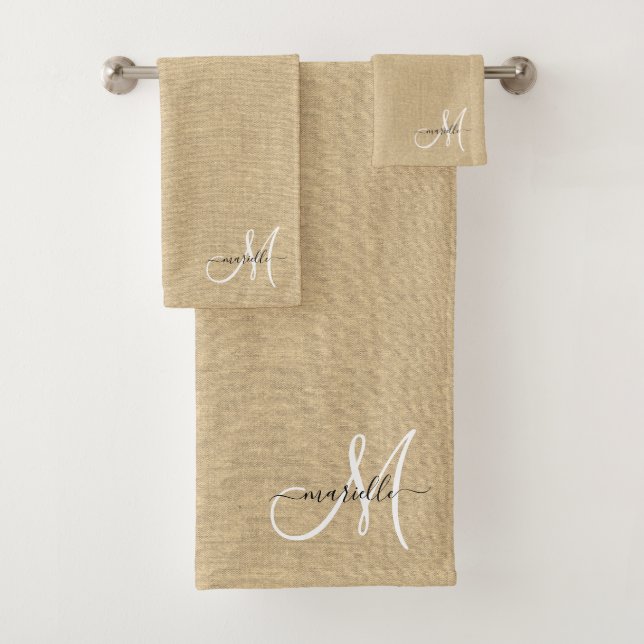 White Monogram Faux Linen Straw Caramel Bath Towel Set (Insitu)