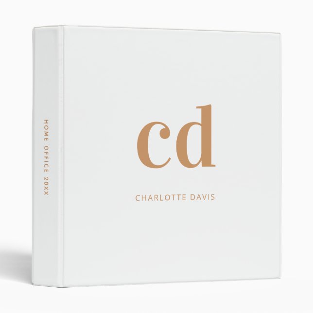 White monogram gold modern office school 3 ring binder (Front/Spine)