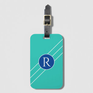 White Monogram in Blue Circle, Diagonal Lines Luggage Tag