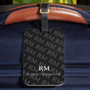 White Monogram Initials Gray Pattern Black Luggage Tag